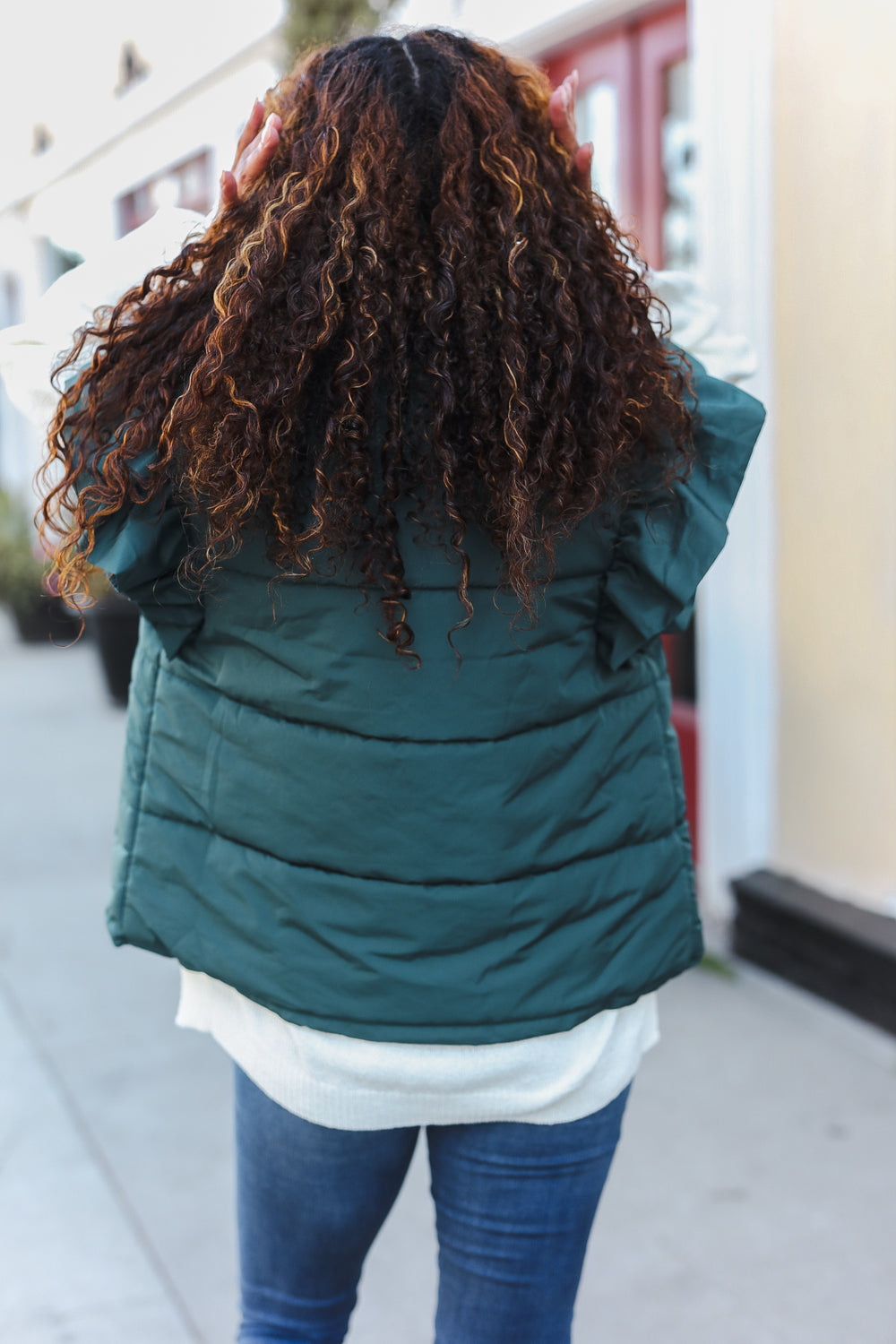 Chic Hunter Green Quilted Puffer Vest with Stylish Ruffle Sleeves and Zipper Closure