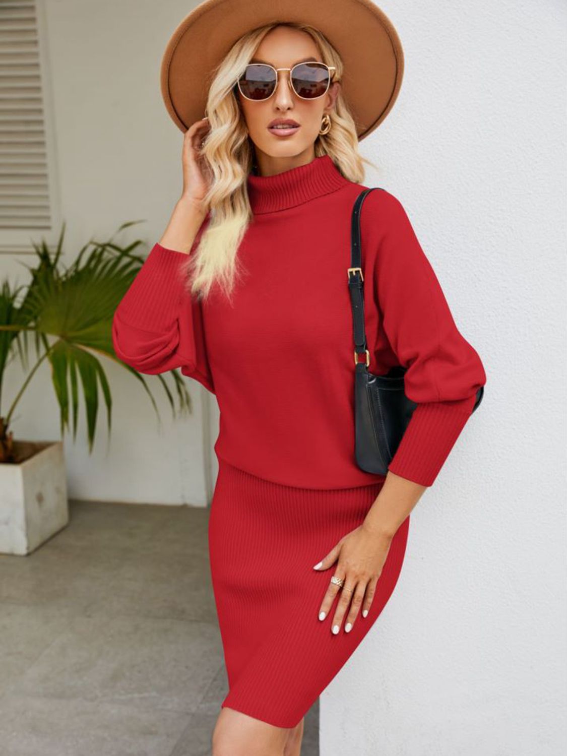 Cozy Turtle Neck Ribbed Sweater Dress with Long Sleeves