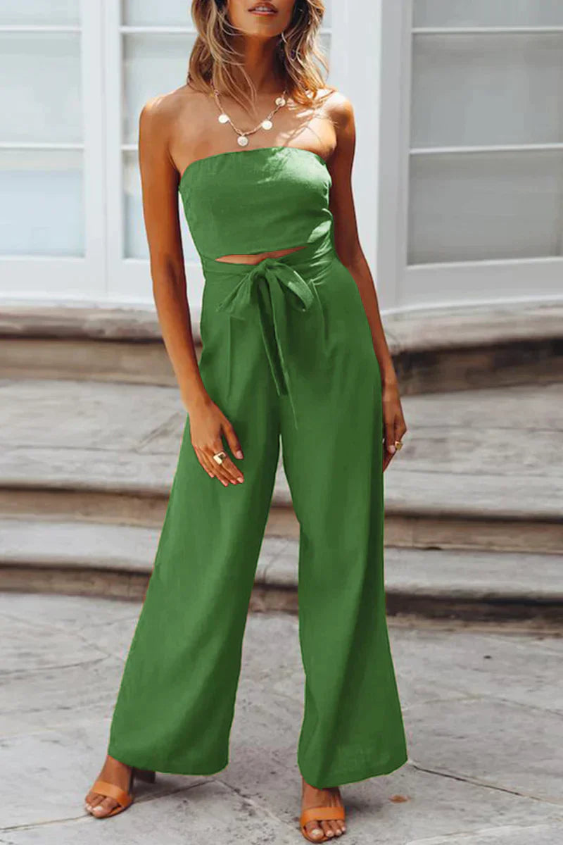 Chic Women's Strapless Jumpsuit - Stylish Bandeau Design - Flowy Wide Leg - Customizable Waist Tie