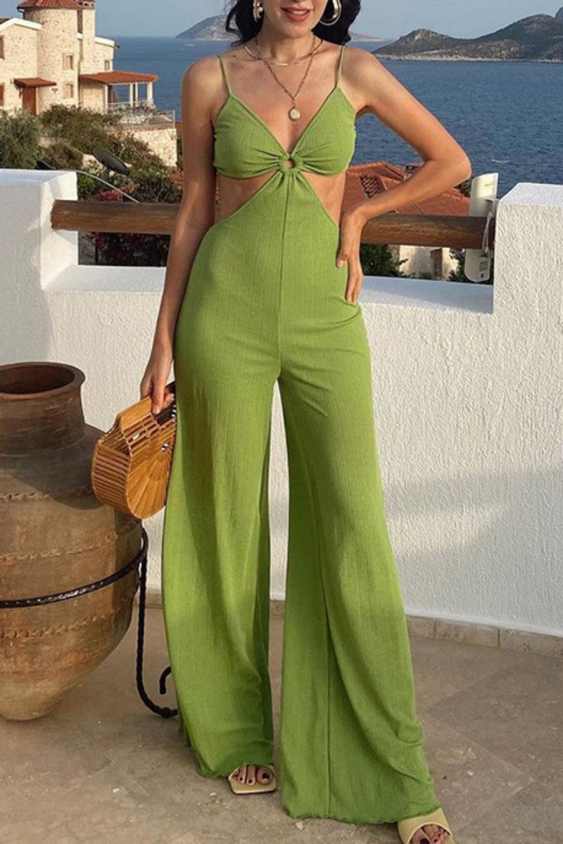 Chic Women's V-Neck Jumpsuit with Stylish Open Back and Flattering Regular Fit