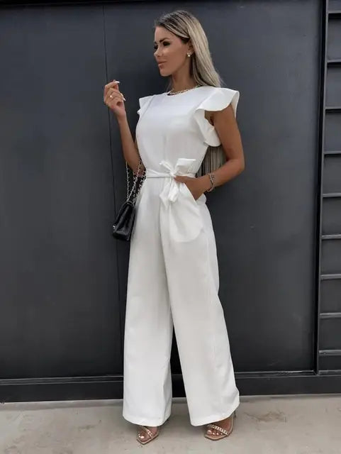 Chic Wide-Leg Women's Jumpsuit with Stylish Ruffled Sleeves