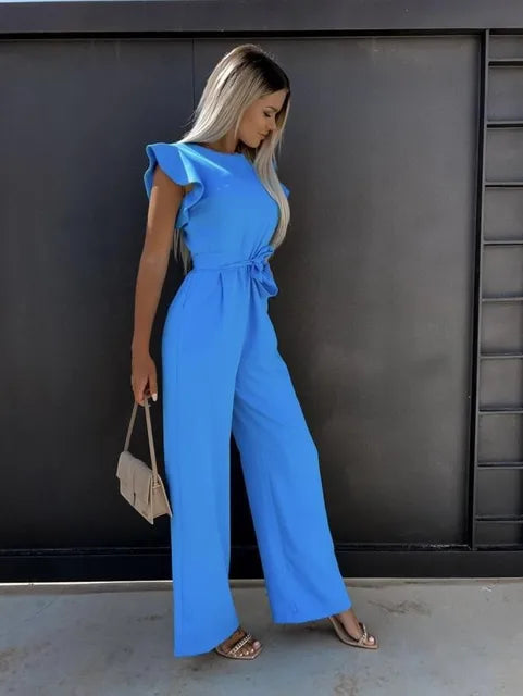 Chic Wide-Leg Women's Jumpsuit with Stylish Ruffled Sleeves
