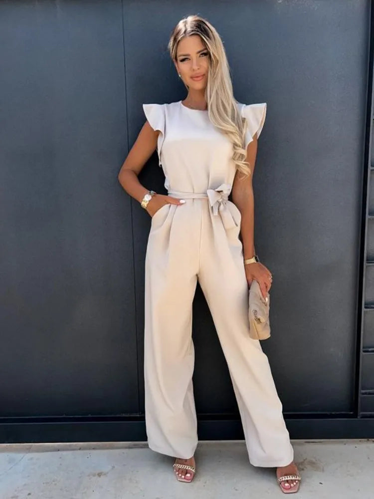 Chic Wide-Leg Women's Jumpsuit with Stylish Ruffled Sleeves