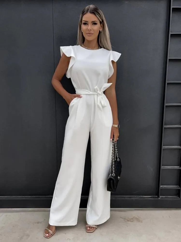Chic Wide-Leg Women's Jumpsuit with Stylish Ruffled Sleeves