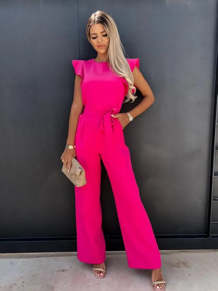Chic Wide-Leg Women's Jumpsuit with Stylish Ruffled Sleeves