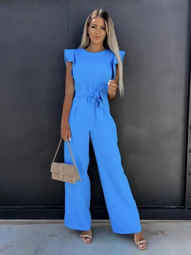 Chic Wide-Leg Women's Jumpsuit with Stylish Ruffled Sleeves