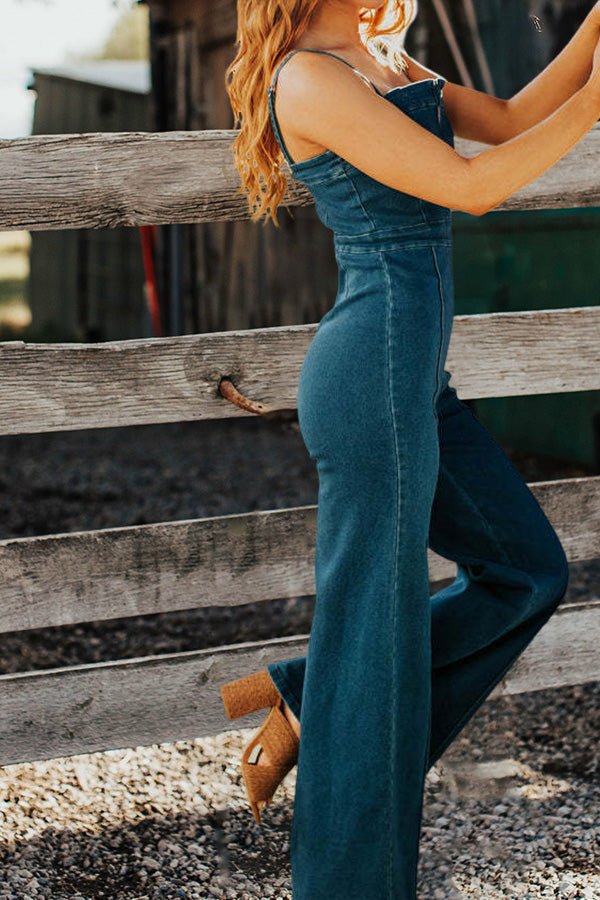 Chic Sleeveless Denim Jumpsuit for Women - Stylish Notch Neck & Flattering Wide Leg Tailored Fit