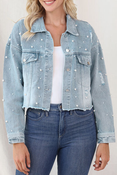 Trendy Women's Denim Jacket with Chic Raw Hem and Elegant Pearl Trim