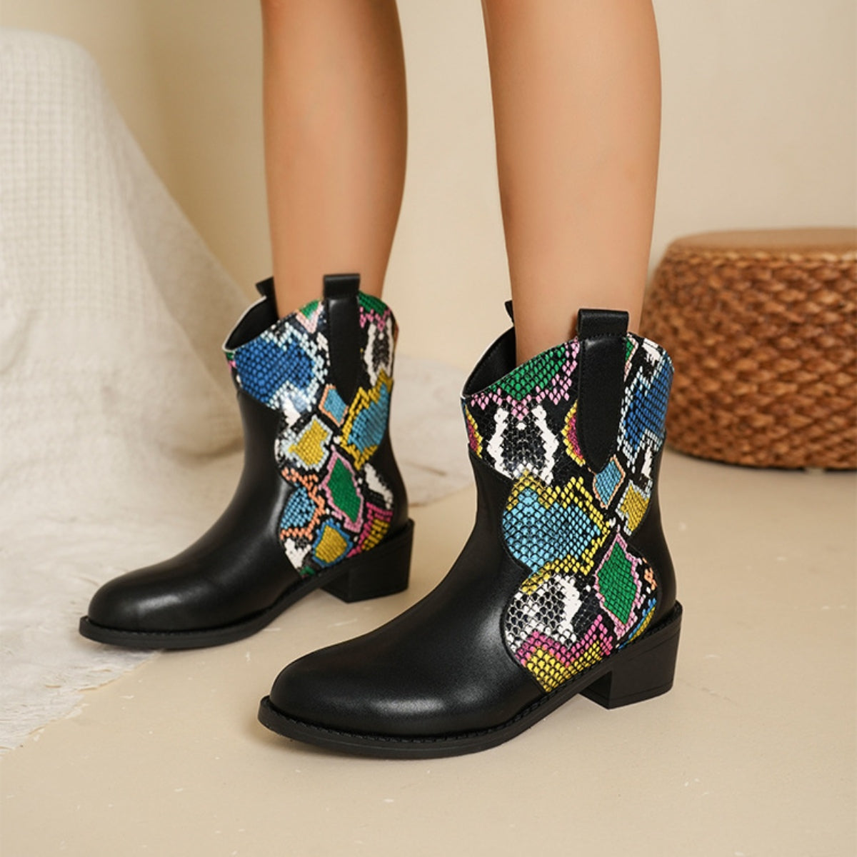 Chic Color Block PU Leather Boots