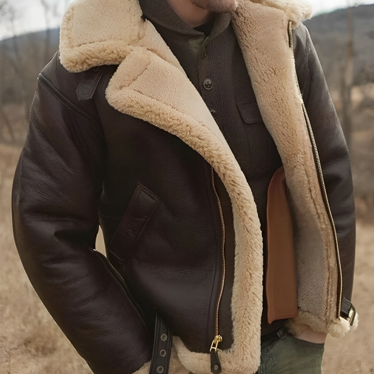 Elegant Men's Leather Winter Coat with Luxurious Fur Trim
