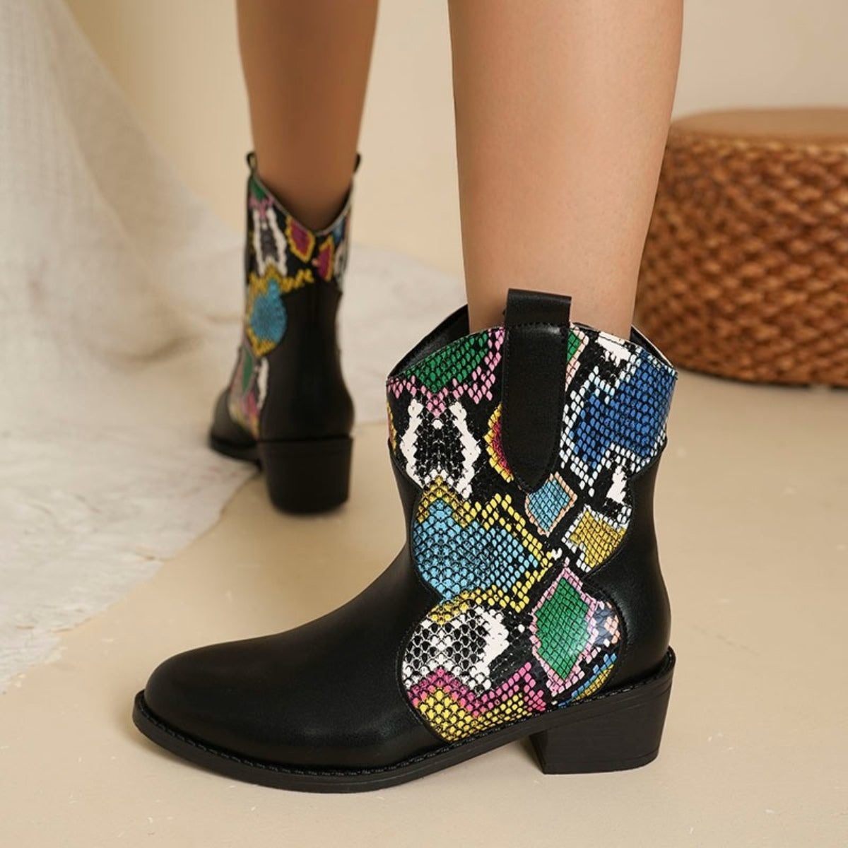 Chic Color Block PU Leather Boots