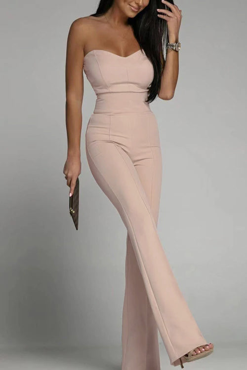 Chic Women's Strapless Jumpsuit - Tailored Bodice - High-Waisted Flared Legs - Perfect for Elegant Occasions