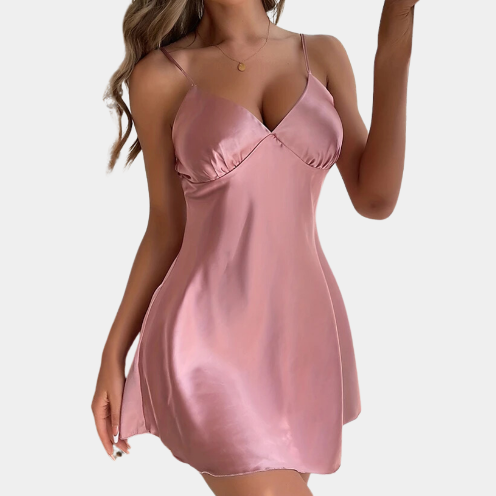 Elegant V-Neck Satin Silk Feel Slip Dress with Spaghetti Straps β Perfect Nightwear for Women