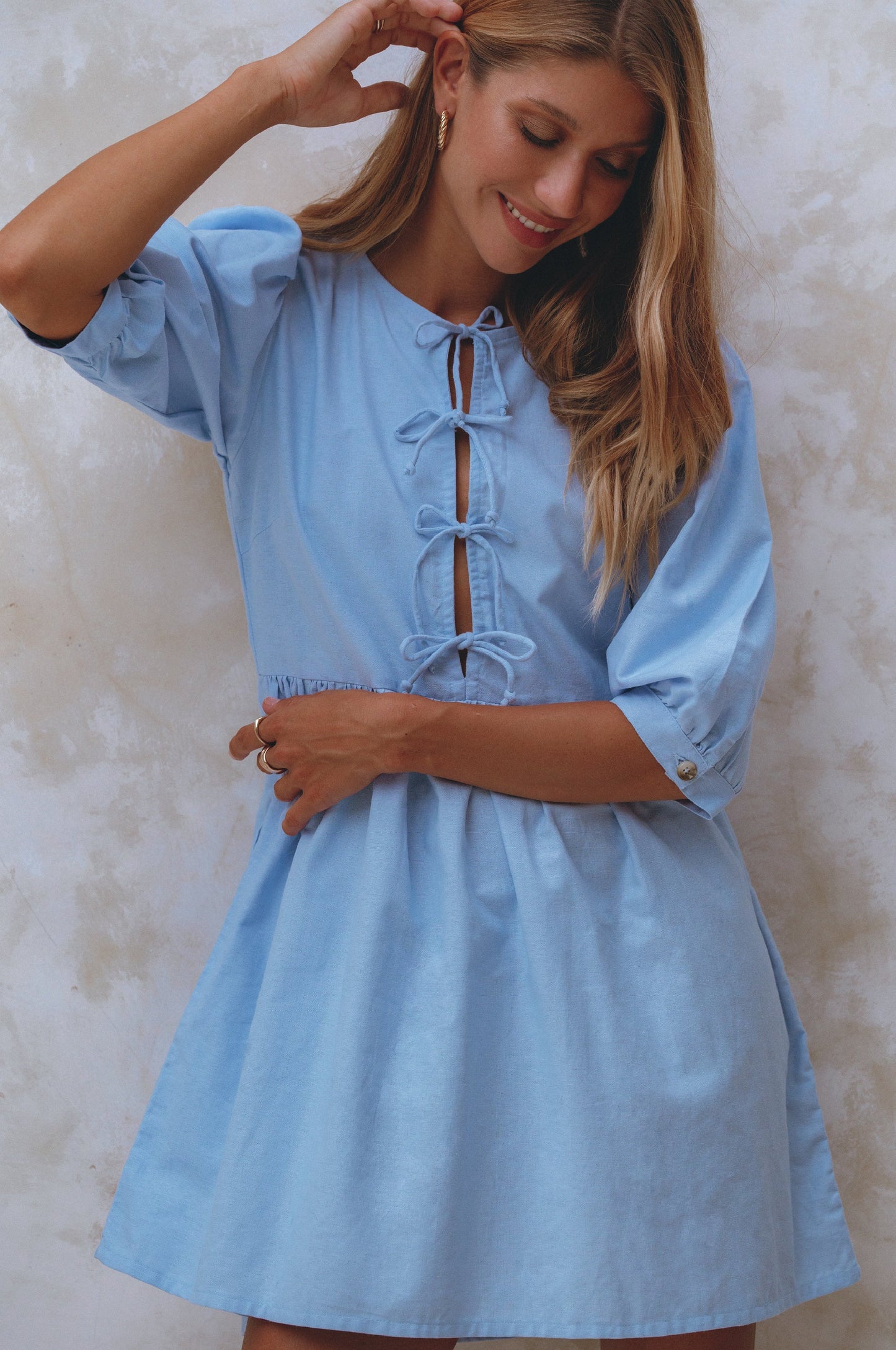 Chic Beatrice Linen Mini Dress with Trendy Puff Sleeves