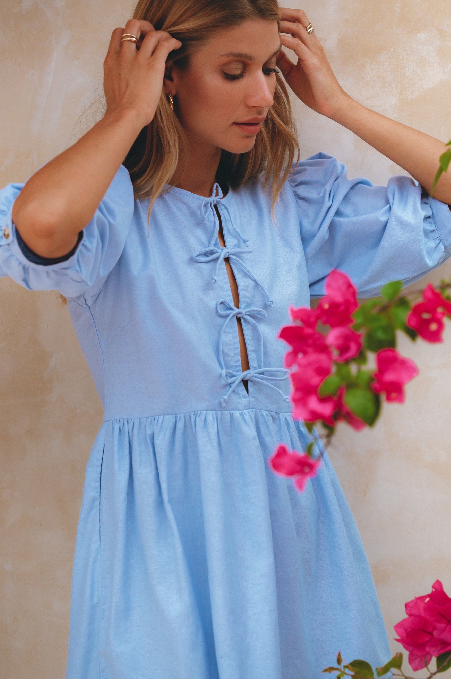 Chic Beatrice Linen Mini Dress with Trendy Puff Sleeves