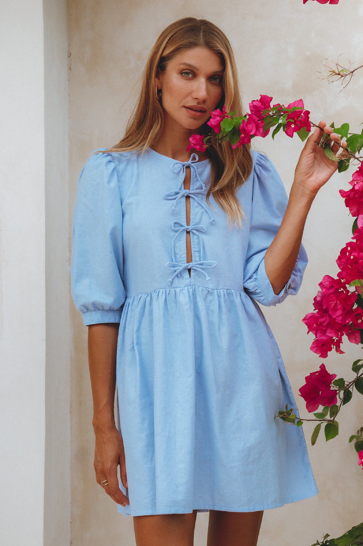 Chic Beatrice Linen Mini Dress with Trendy Puff Sleeves