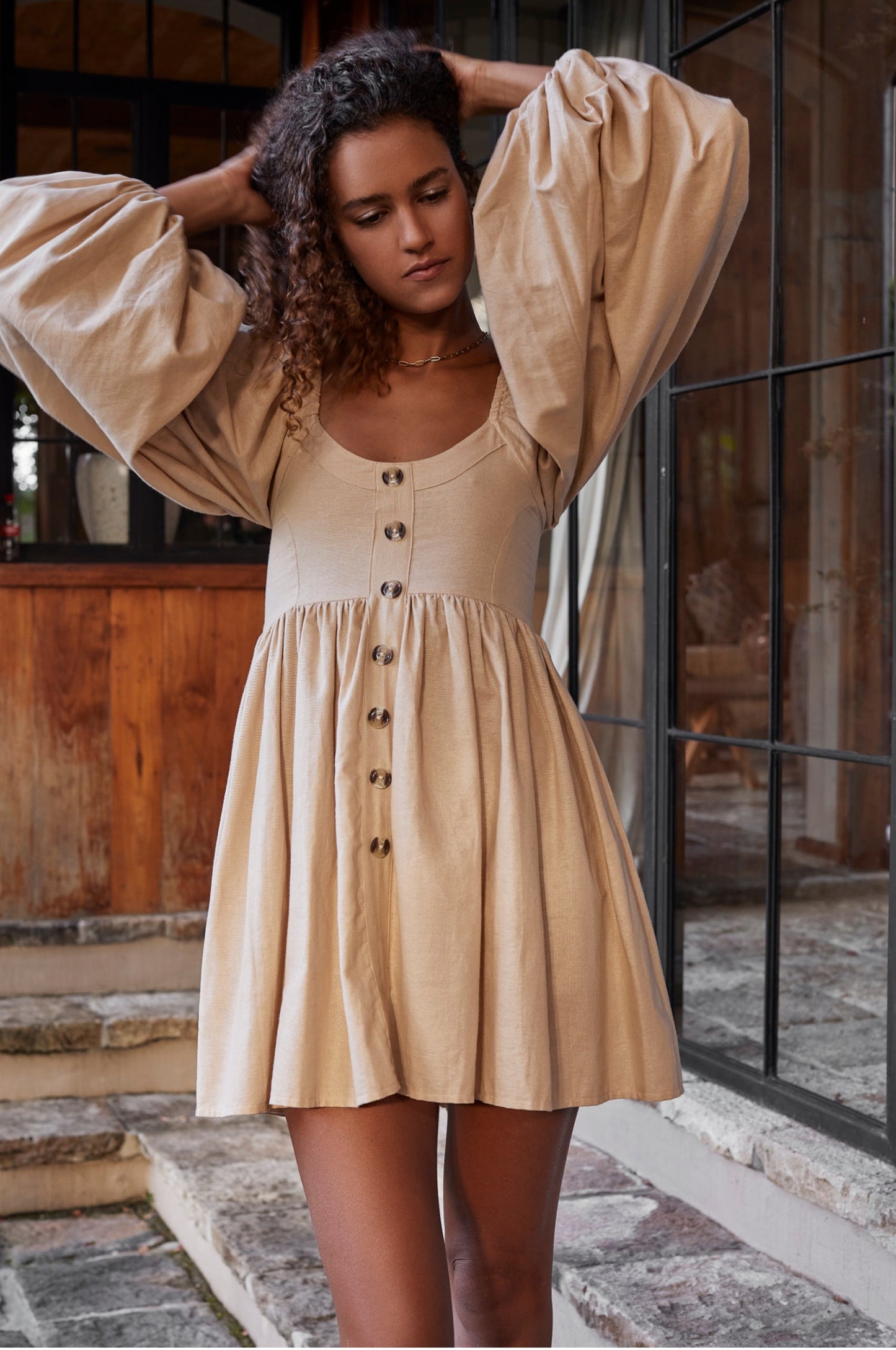 Chloie Elegant Empire Waist Linen Mini Dress