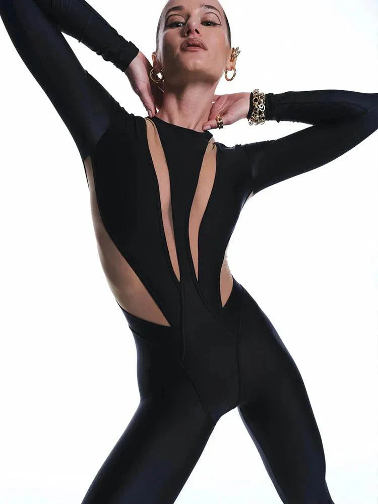 Chic Women's Long Sleeve Mesh Patchwork Jumpsuit β Stylish Round Neck & Flattering Skinny Fit