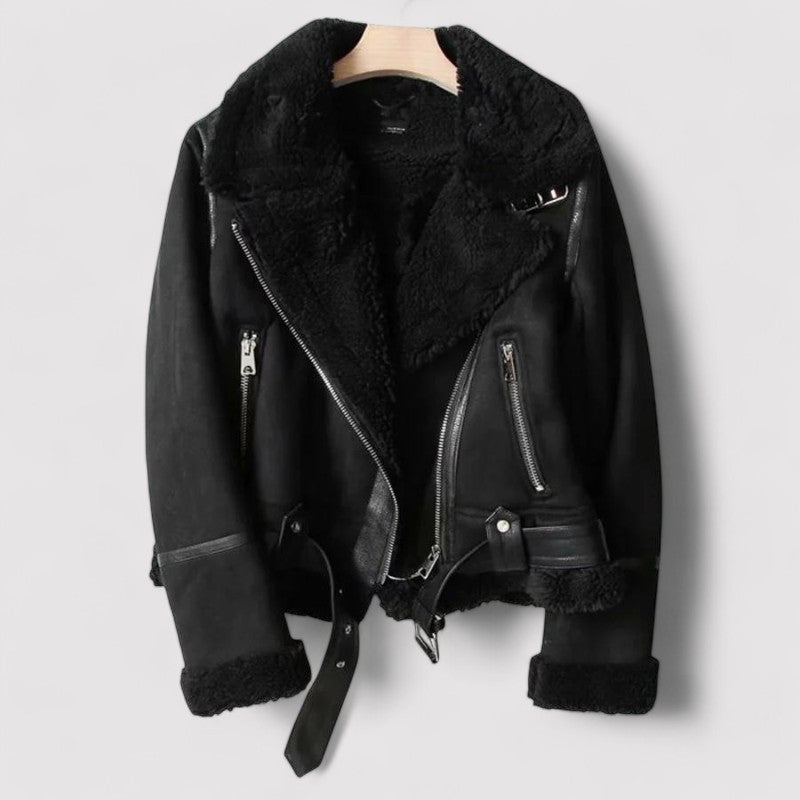 Women's Leather Jacket Featuring Luxurious Sherpa Detail