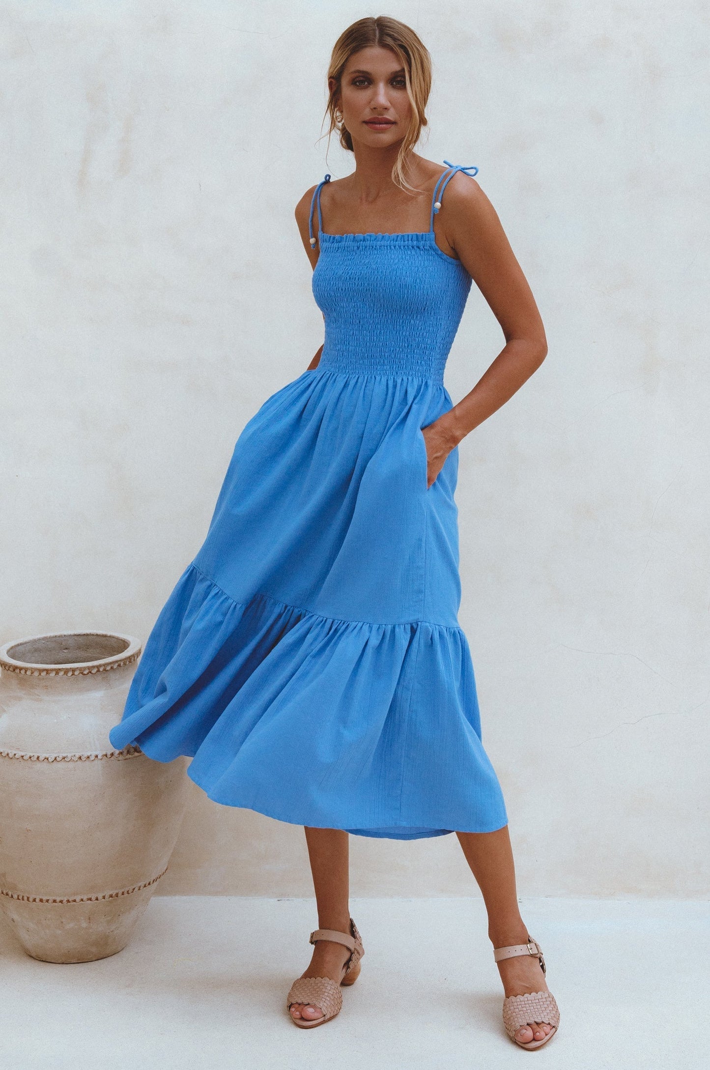Chic Paradiso Strappy Linen Midi Dress for Effortless Elegance