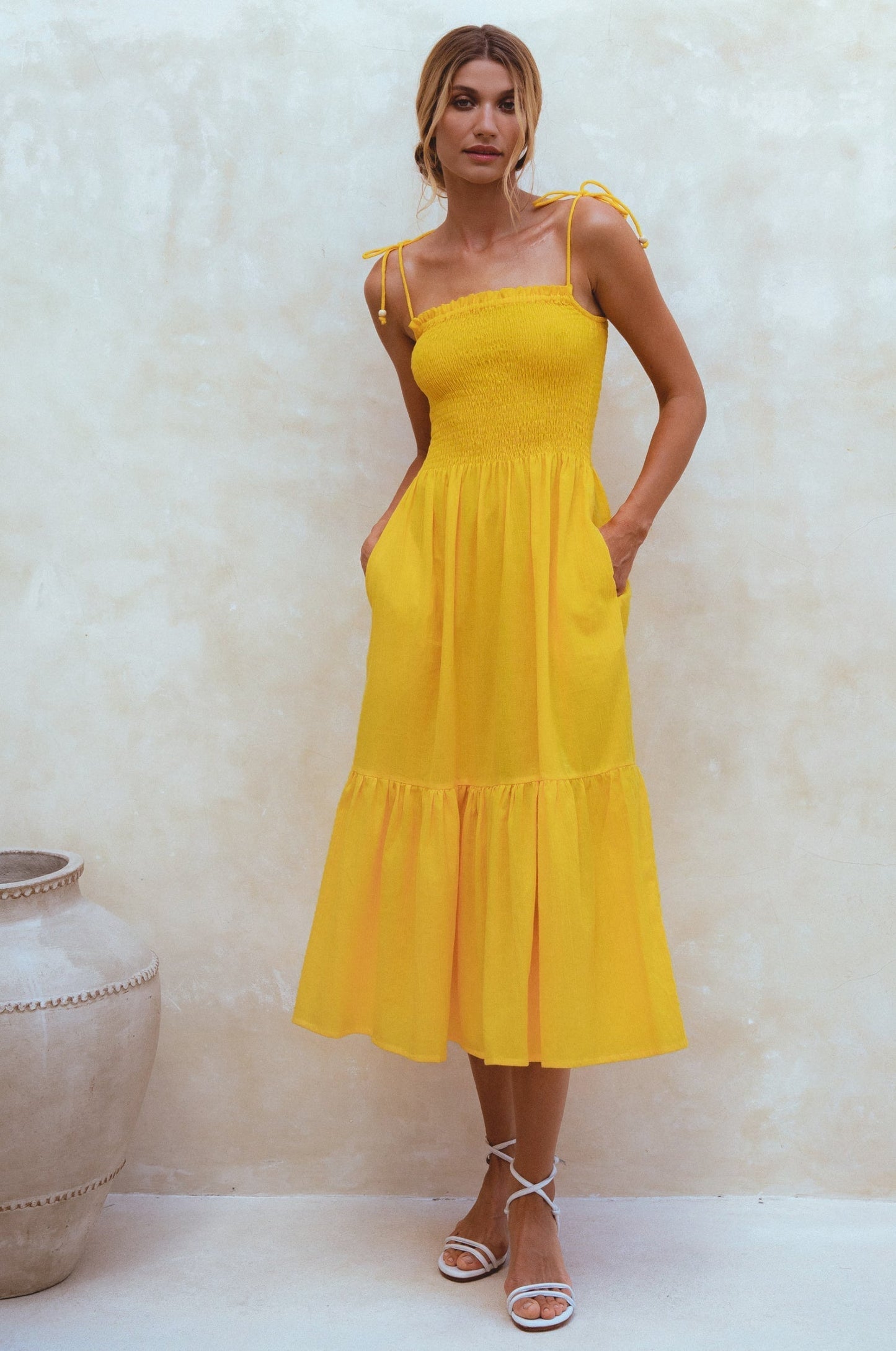 Chic Paradiso Strappy Linen Midi Dress for Effortless Elegance