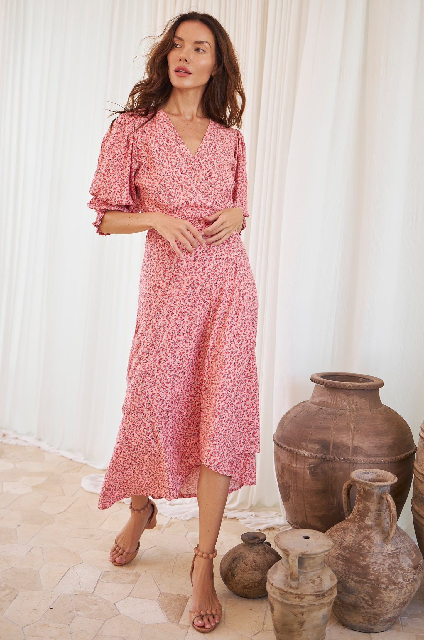 Nautical Charm: Handmade Puff Sleeve Wrap Dress in 100% Cotton