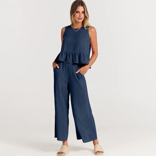 Chic Women's Sleeveless Jumpsuit - Flattering Peplum Waist - Comfortable Wide-Leg Cropped Style - Lightweight and Breathable Fabric