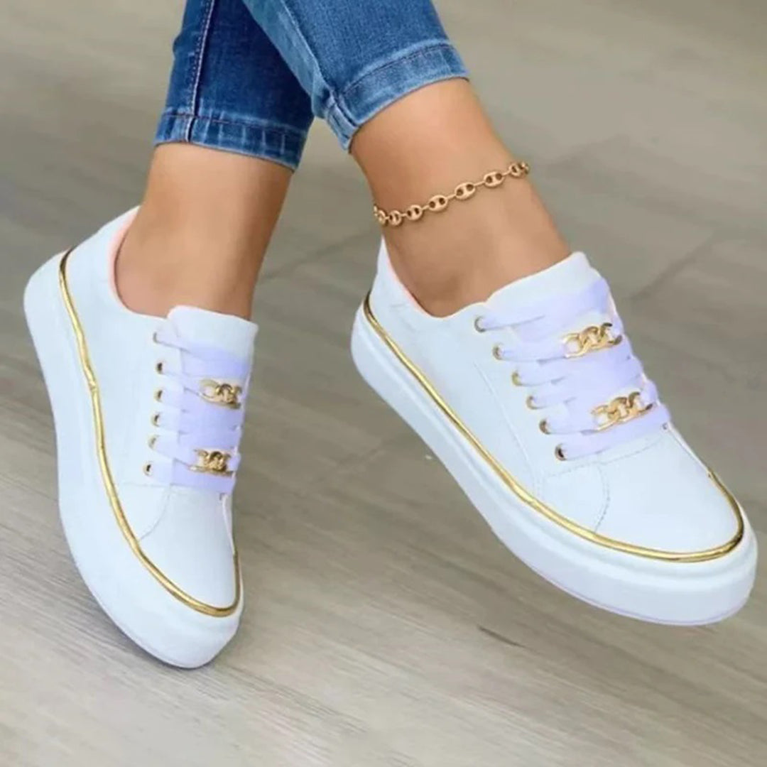 Chic Women's White Sneakers with Elegant Gold Highlights