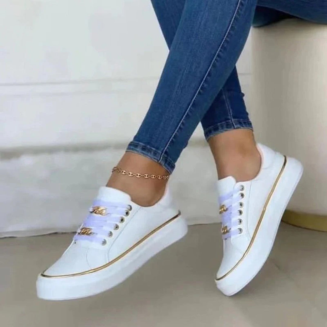 Chic Women's White Sneakers with Elegant Gold Highlights
