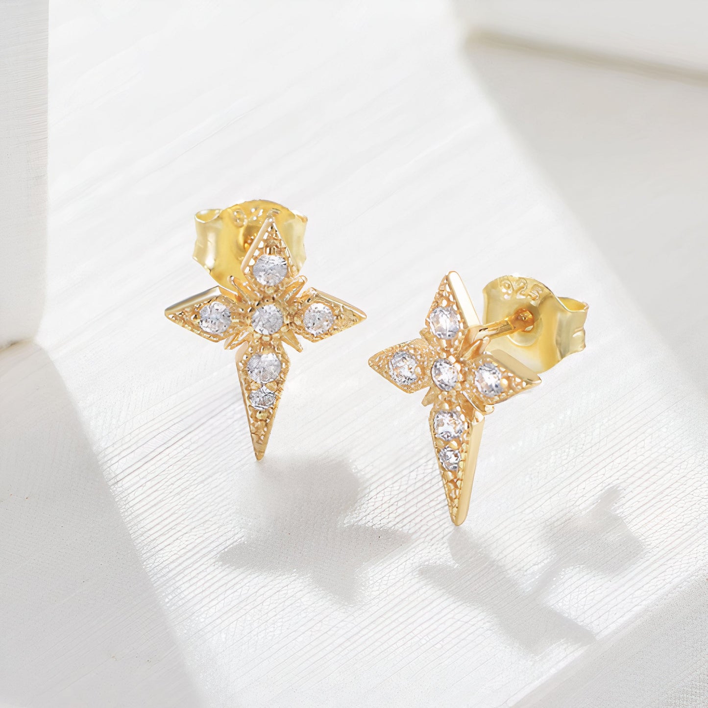 Stunning Asymmetrical Celestial Design Stud Earrings in 18k Gold Plated .925 Sterling Silver