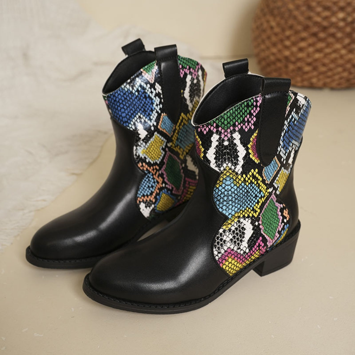 Chic Color Block PU Leather Boots