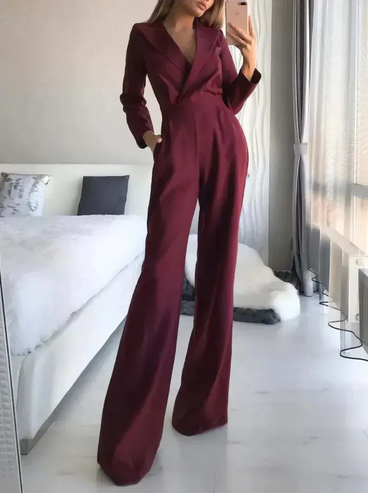 Chic & Elegant Tailored Women's Jumpsuit with Long Sleeves and Flowing Wide Legs