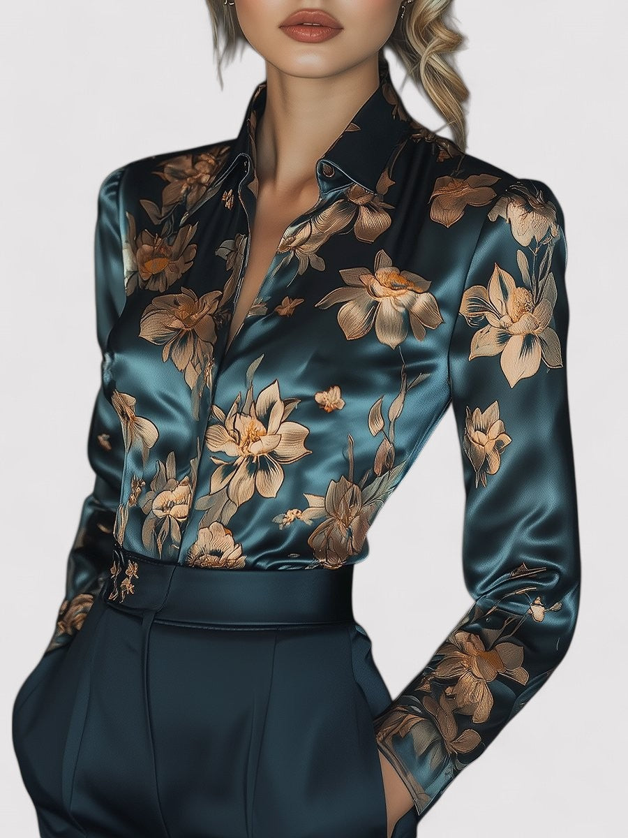 Elegant Golden Lotus Floral Satin Blouse for Women