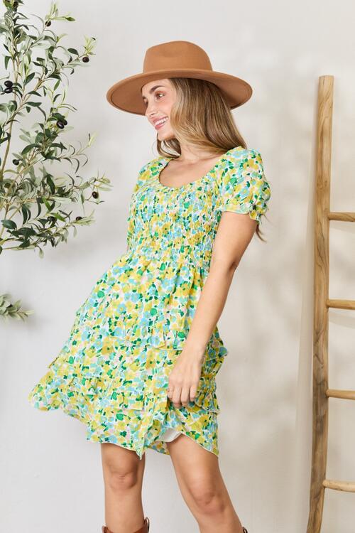 Charming Canary Yellow Smocked Scoop Neck Mini Dress with Flouncy Sleeves
