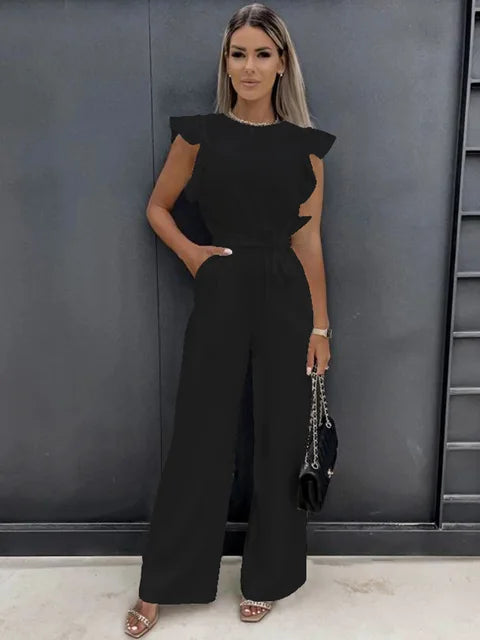 Chic Wide-Leg Women's Jumpsuit with Stylish Ruffled Sleeves