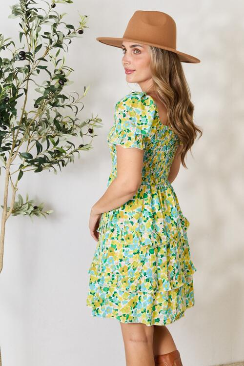 Charming Canary Yellow Smocked Scoop Neck Mini Dress with Flouncy Sleeves