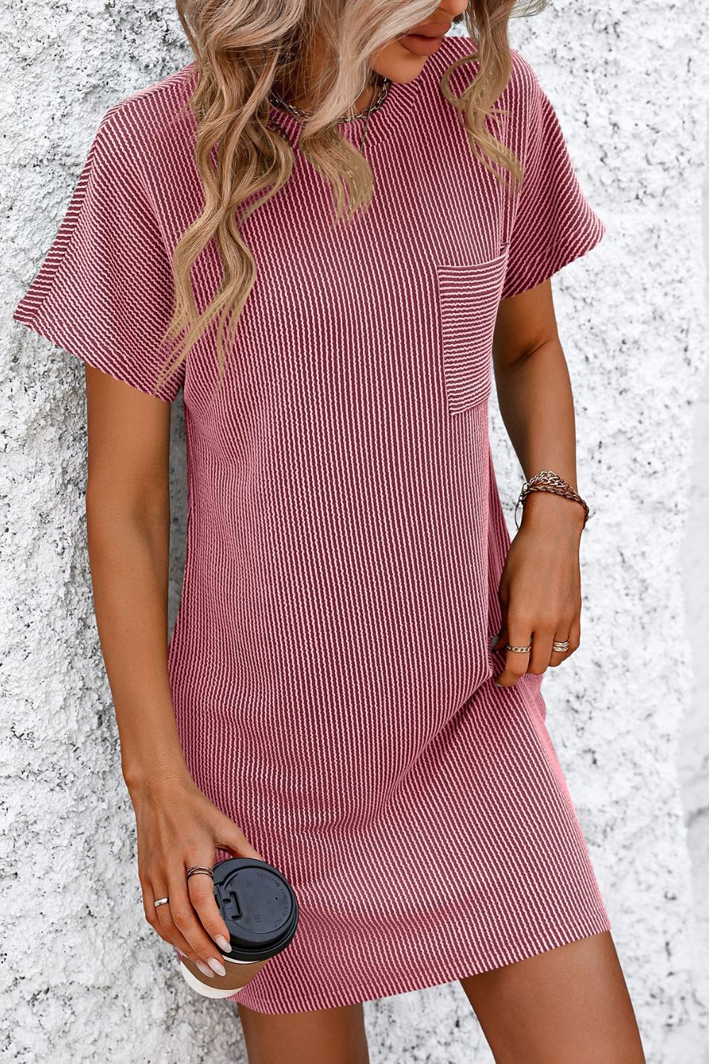 Chic Ribbed Striped Short Sleeve Mini Dress for Effortless Style