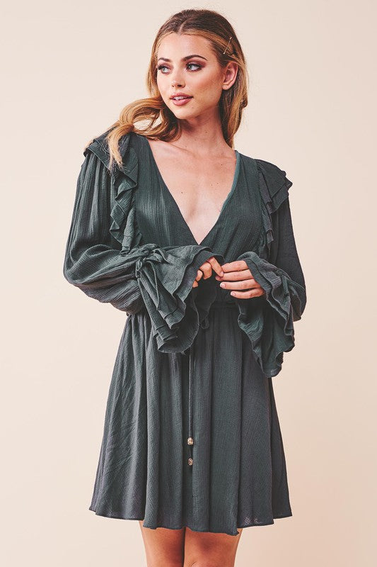 Chic Ruffle Surplice Mini Dress with Tied Detail