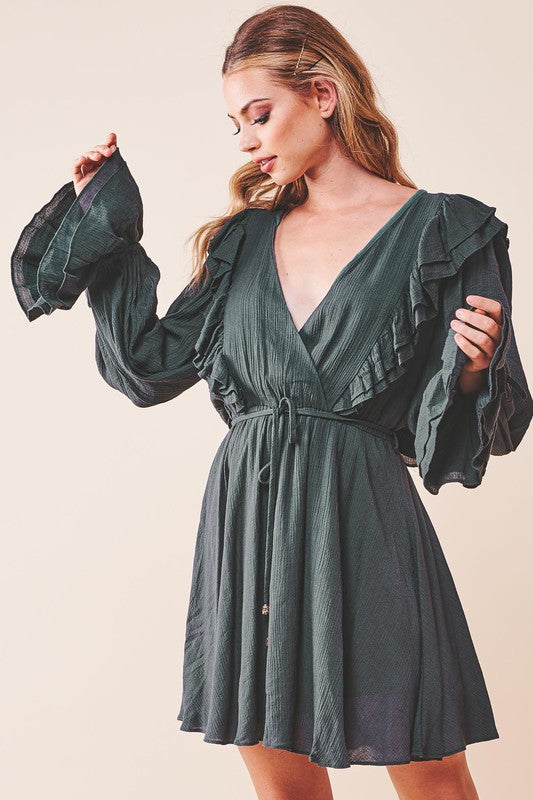Chic Ruffle Surplice Mini Dress with Tied Detail