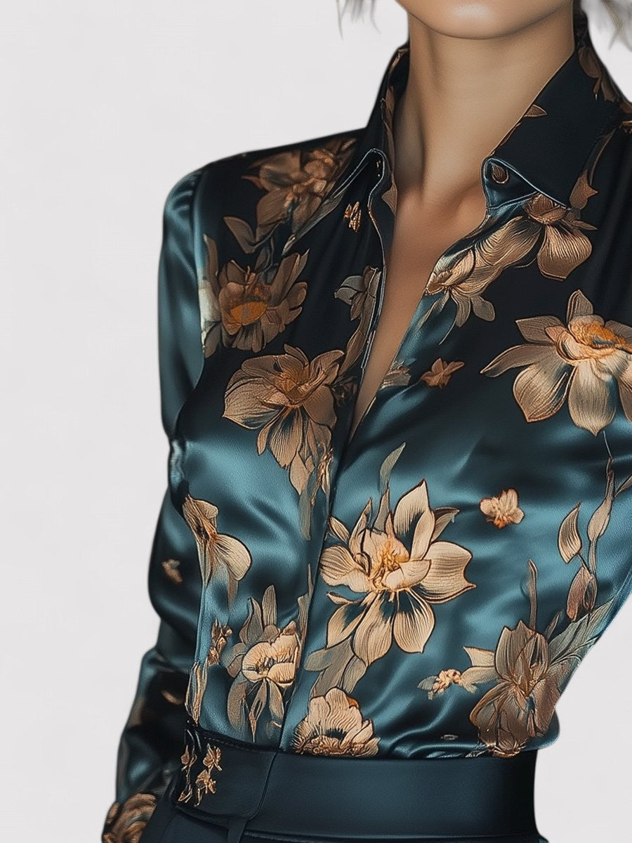 Elegant Golden Lotus Floral Satin Blouse for Women
