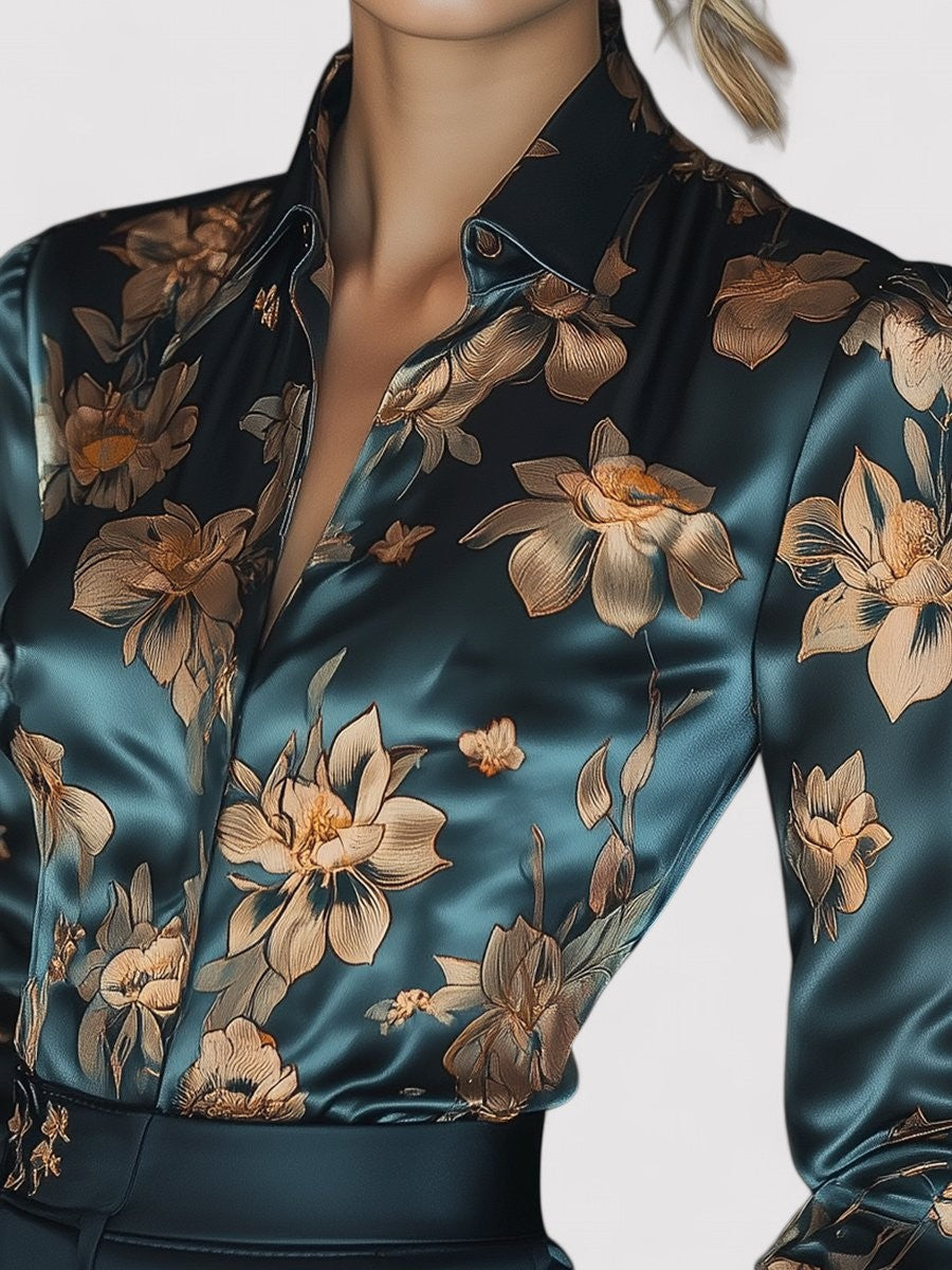 Elegant Golden Lotus Floral Satin Blouse for Women